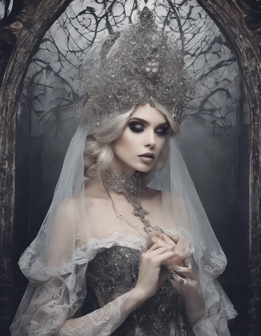 Capture a hauntingly beautiful portrait of the Malay woman in a gothic-inspired,white long hair, black lace gown with a veil, set within a mysterious and eerie mansion, where candlelight casts eerie shadows, creating an atmosphere of dark, Gothic horror.