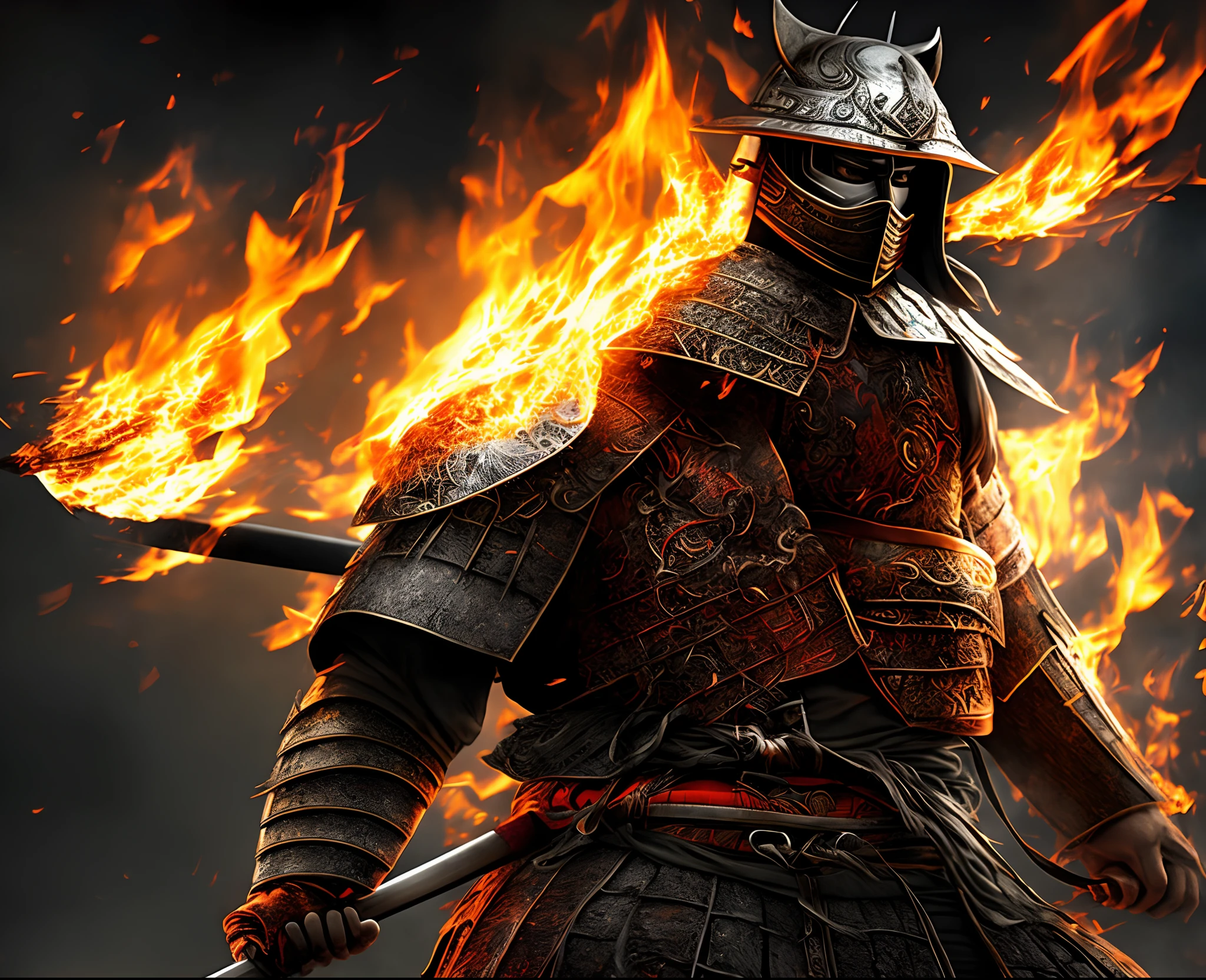 a samurai with red and black armor standing in black smoke with a burning katana in a realistic style