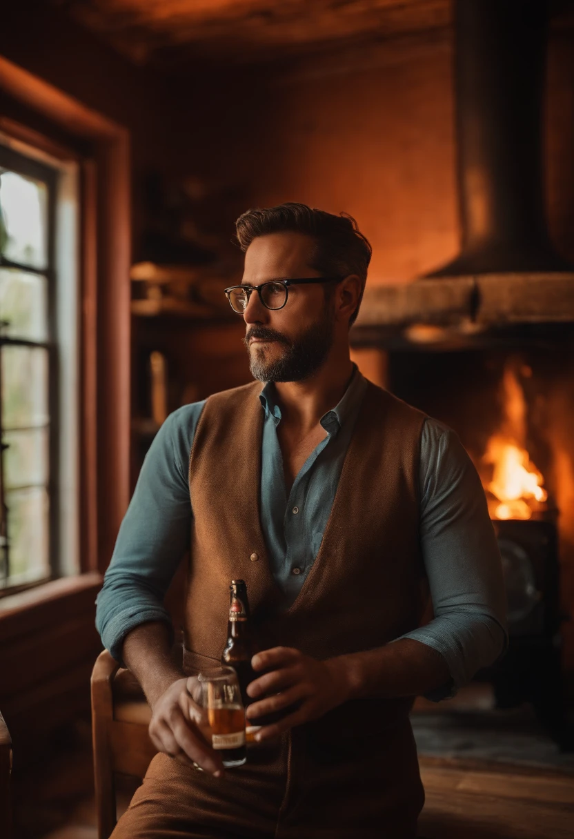 Um homem careca, um pouco barrigudo, Eyeglasses, segurando um copo de cerveja, next to a wood-burning stove, sorrindo