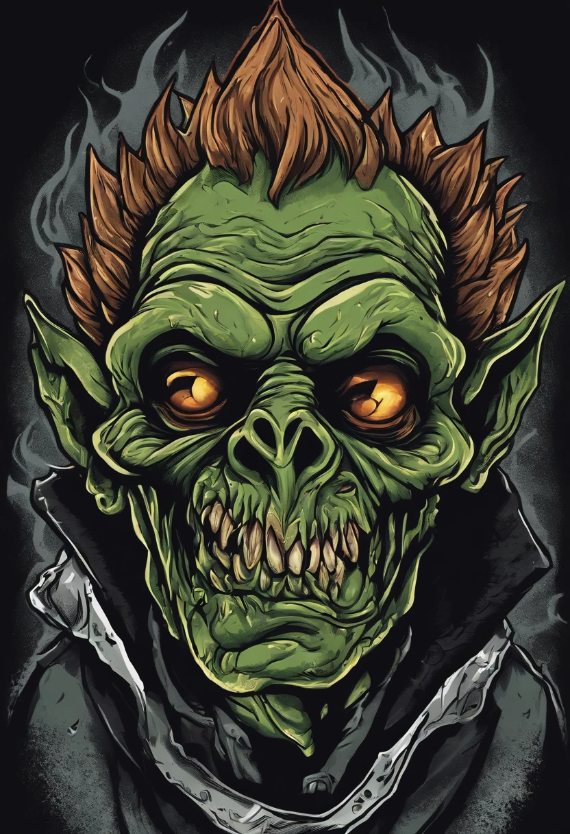 /imagine prompt: evil zombie goblin illustration for a sticker with a black background, in bold outline style, jagged edges, trashcore, light shading --v 5.2