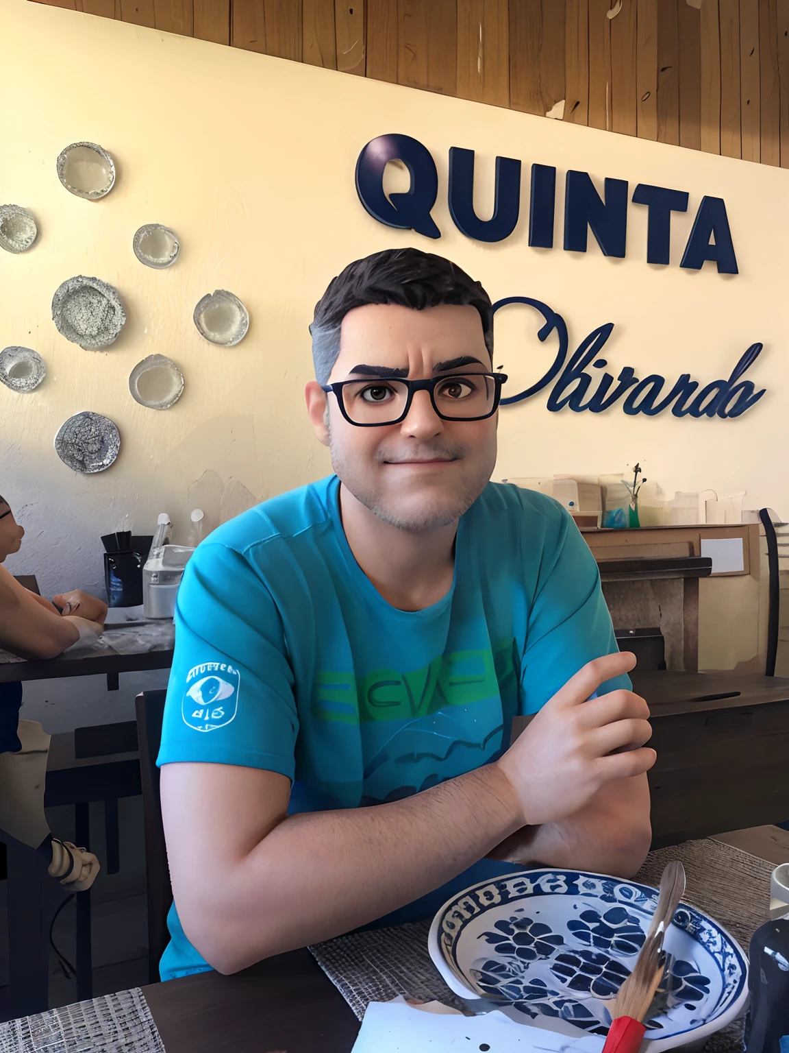 Obra-prima, (aquarela: 1.3), (pilha curta: 1.1), voltado para a frente, Eyes on camera, expression happy, (action photo: 1.4), (upper body strength: 1.3), brown hair with white strokes, olhos castanhos, wearing black square glasses, sentado na mesa observando , dia ensolarado, natural lightting, highes definition, Excellent resolution, qualidade excelente, detalhes insanos, semi realista, postprocessed , Crisp face, facial features, extremamente detalhadas, facial features