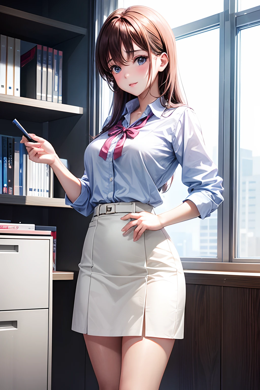 A 22-year-old beautiful girl resembling 'Honoka Matsumoto' working in office wearing white blouse and casual skirt, head-to-toe standing in office