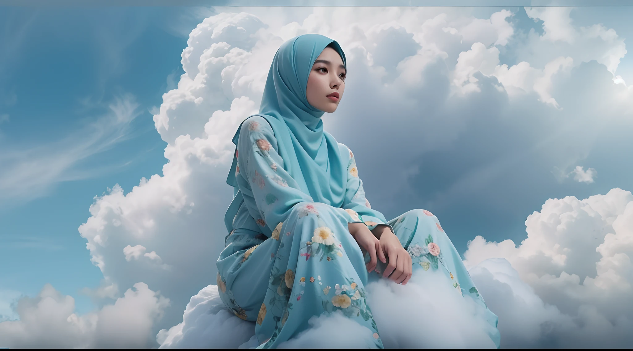 Capture the Malay girl in blue hijab and floral pattern baju kurung sitting on a fluffy cloud high in the sky. The cloud acts as her personal retreat in the sky, suspended above the world below, 28mm lens, Establishing shot, muted color grading, cinemascope effect, high quality, using Panavision DXL2 camera,