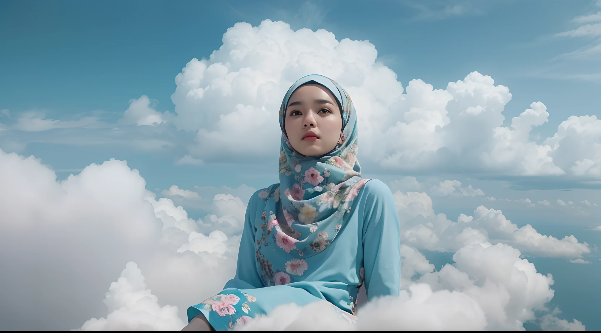 Capture the Malay girl in blue hijab and floral pattern baju kurung sitting on a fluffy cloud high in the sky. The cloud acts as her personal retreat in the sky, suspended above the world below, 28mm lens, Establishing shot, muted color grading, cinemascope effect, high quality, using Panavision DXL2 camera,