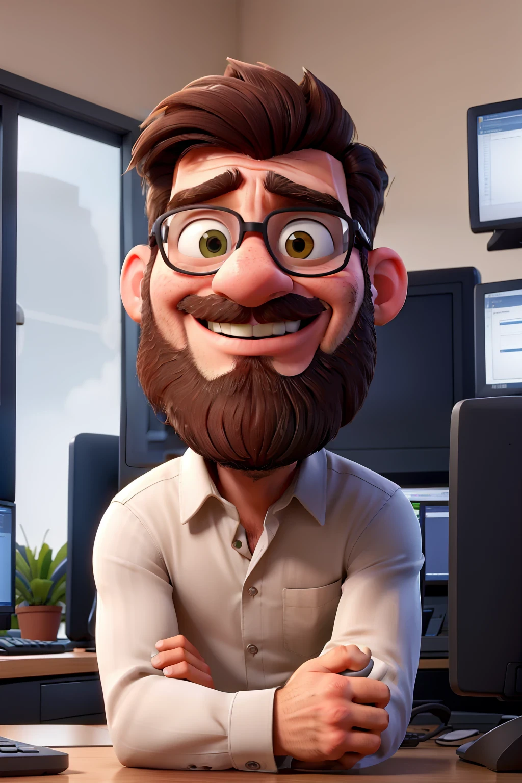 Homem de cabelo curto com barba trabalhando no computador