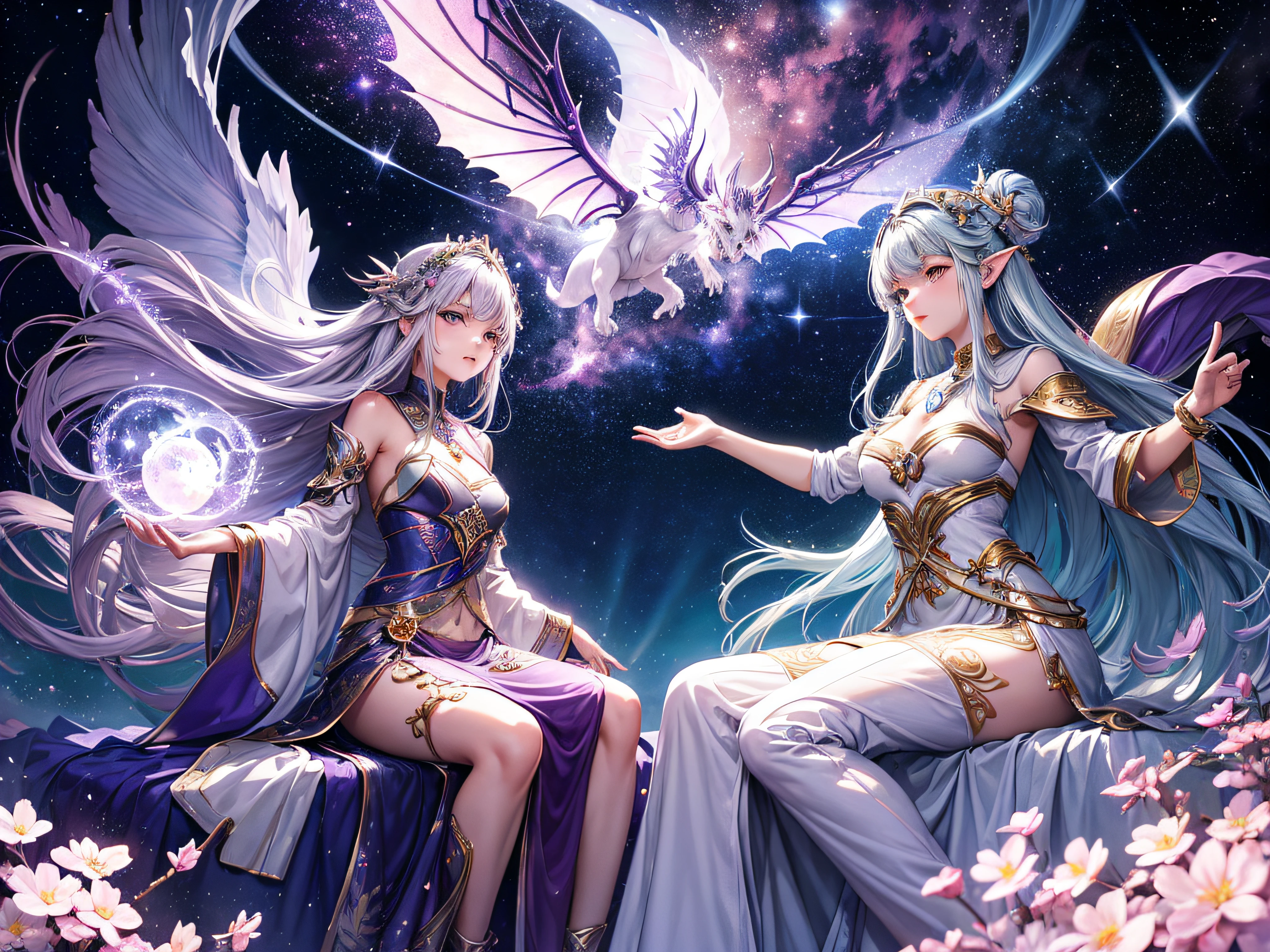 Digital art by IrinaKapi. Stardust and silver purple flower dragon and white sakura, fantastic galactic world, gas aura, galactic atmosphere, female character, radiance and shine of stars, luminescence, fairy-tale atmosphere, surrealism, abstraction, masterpiece, best quality. by Natalia Rak and Natalie Shaw.