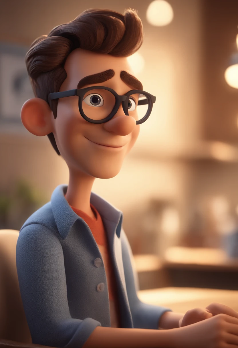 Cartoon character of a young man wearing round gray glasses and a blue shirt, de cabelo curto e castanho, um personagem animado, Caractere estilizado, animation style rendering, 3D estilizado, Arnold Maya render, 3 d render stylized, toon render keyshot, Personagem 3D, Personagem 3D, 3d rendering stylized, 3 d character render, personagem de desenho animado, Personagem de close up, Pose de personagem, (Estilo Pixar) (master part:1.2) (Bokeh) (best quality) (pele detalhada) (textura detalhada) (8k) (argila) (Cinematic lighting) (foco nítido，Sits and empties upper body in a dental office alone