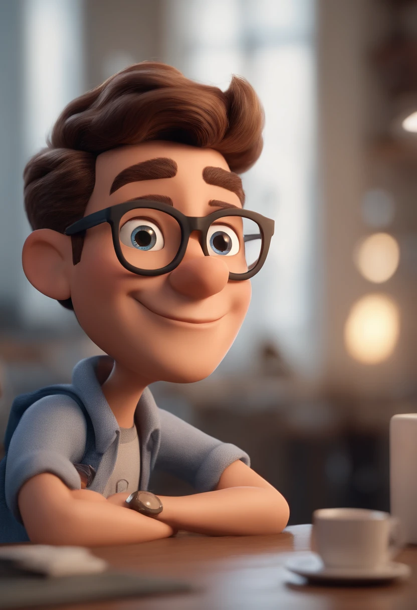 Cartoon character of a young man wearing round gray glasses and a blue shirt, de cabelo curto e castanho, um personagem animado, Caractere estilizado, animation style rendering, 3D estilizado, Arnold Maya render, 3 d render stylized, toon render keyshot, Personagem 3D, Personagem 3D, 3d rendering stylized, 3 d character render, personagem de desenho animado, Personagem de close up, Pose de personagem, (Estilo Pixar) (master part:1.2) (Bokeh) (best quality) (pele detalhada) (textura detalhada) (8k) (argila) (Cinematic lighting) (foco nítido,Sits and empties upper body in a dental office alone