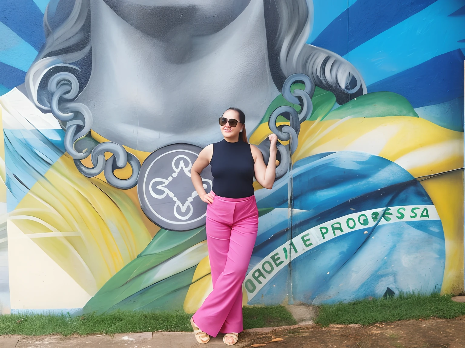 Woman in pink pants standing in front of a mural, In Sao Paulo, inspirado em Maria Helena Vieira da Silva, by Gina Pellón, vibrant aesthetic, by Amelia Peláez, inspirado em Francis Souza, grafite ao fundo, Directed by: Emma Rios, Directed by: Nandor Soldier, inspired by Gina Pellón