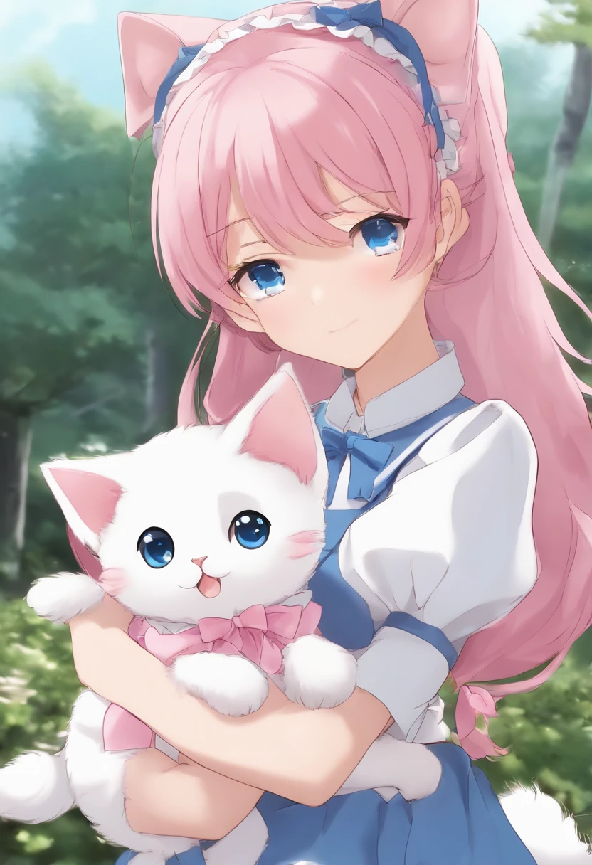 An anime character with pink hair and blue eyes is holding a baby, Twin-tailed, 2 d anime style, anime maids riding early tanks, 2 D Anime, Lori, in ryuuou no oshigoto art style, In live action, cel shaded anime, In a Japanese anime style, anime moe art style, anime cat girl in a maid costume, Blue Maid Outfit and Pink Maid Outfit