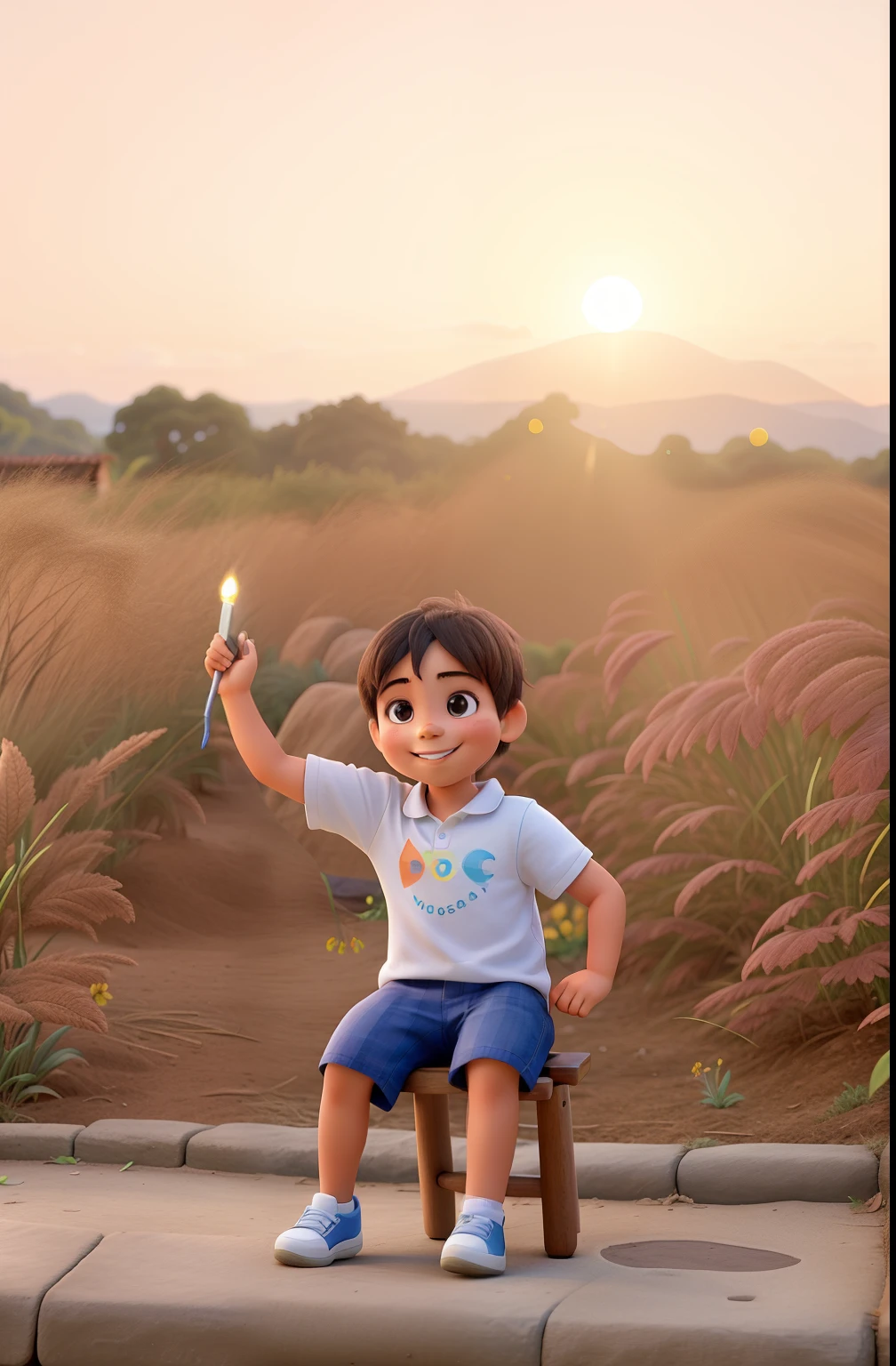 a seated child, brincando e sorrindo, iluminado pela luz do sol, contra o plano de fundo da natureza