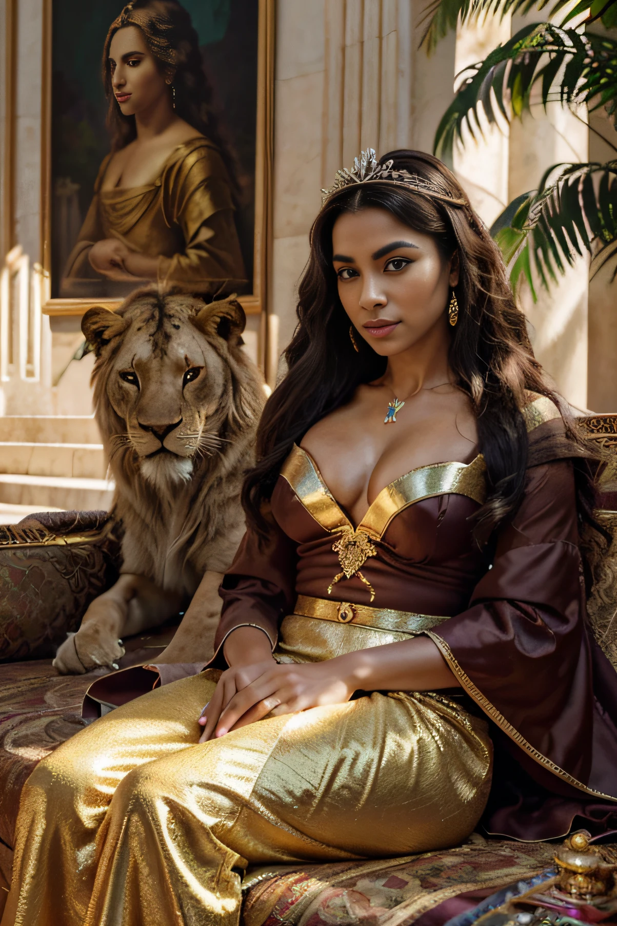 Uma princesa negra sentada em um trono, With lions by your side. (best quality, 4k, Altas, master part:1.2), ultra-detalhado, (Realistic, fotorrealista, photo-realistic:1.37), Dark-skinned princess with a regal and elegant appearance, vestindo uma bela coroa e adornada com joias, Lions with majestic manes lying next to the princess, Symbolizing power and protection, jardim exuberante e vibrante ao redor do trono, Filled with exotic flowers and lush greenery, Golden sunlight casting a warm glow on the princess and the lions, creating a mystical and enchanting atmosphere, inspirado em retratos renascentistas com cores ricas e detalhes intrincados, uma paleta de cores harmoniosa com tons profundos e reais, Emphasizing the Authority and Grace of the Princess, soft smooth lighting, illuminating the princess's face and highlighting her features.