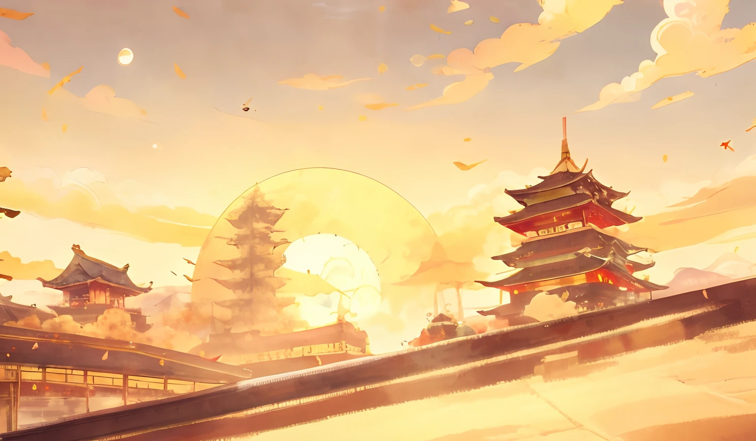 Anime landscape of pagodas and birds flying in the sky, ross tran. scenery background, arte de fundo, background artwork, Anime background art, anime backgrounds, trending on cgstation, A beautiful artwork illustration, Anime landscape, G Liulian art style, Temple background, Anime landscape concept art, landscape artwork, traditional japanese concept art, Rosla global lighting