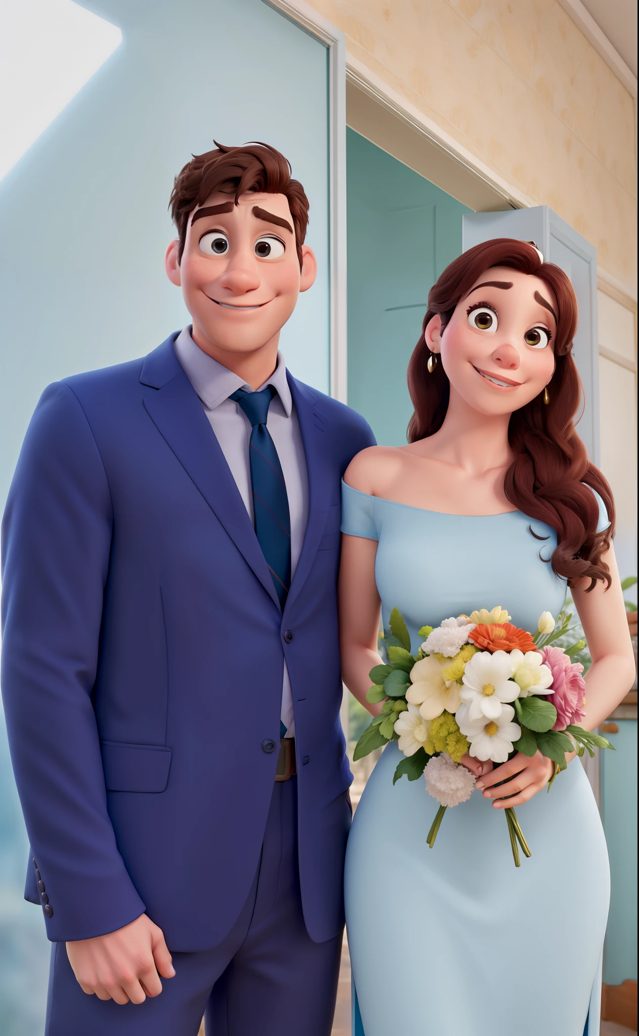 A young fat man is marrying Jessica Rabbit, she has big tits and a big ass, she is wearing a sexy wedding dress, he is wearing a blue suit, garden, they are happy, romantic scene, guests