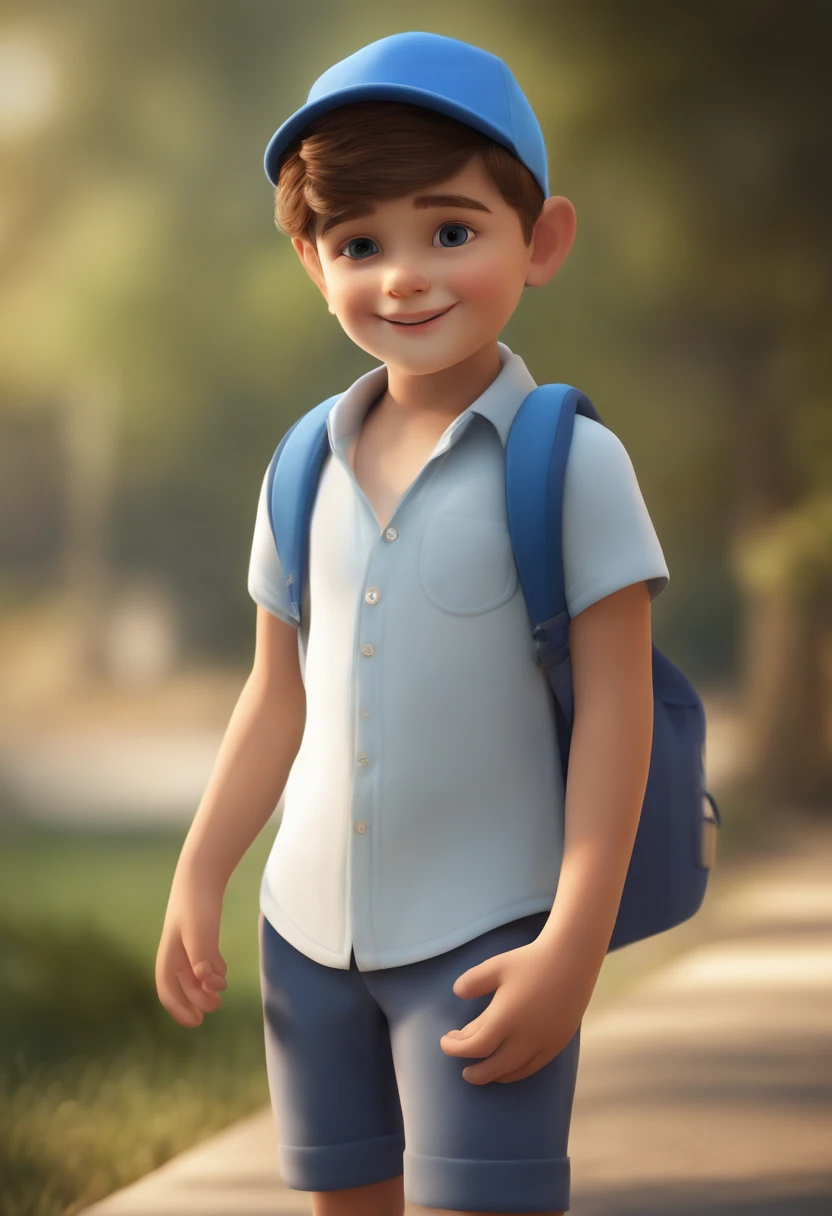 A happy cute boy standing short hair with blue cap , polegares duplos para cima, vestindo uma camisa azul , , fundo branco, barnet, Tom, Estilo Pixar, ....3d, desenhos animados, rosto detalhado, asymmetrical 16k