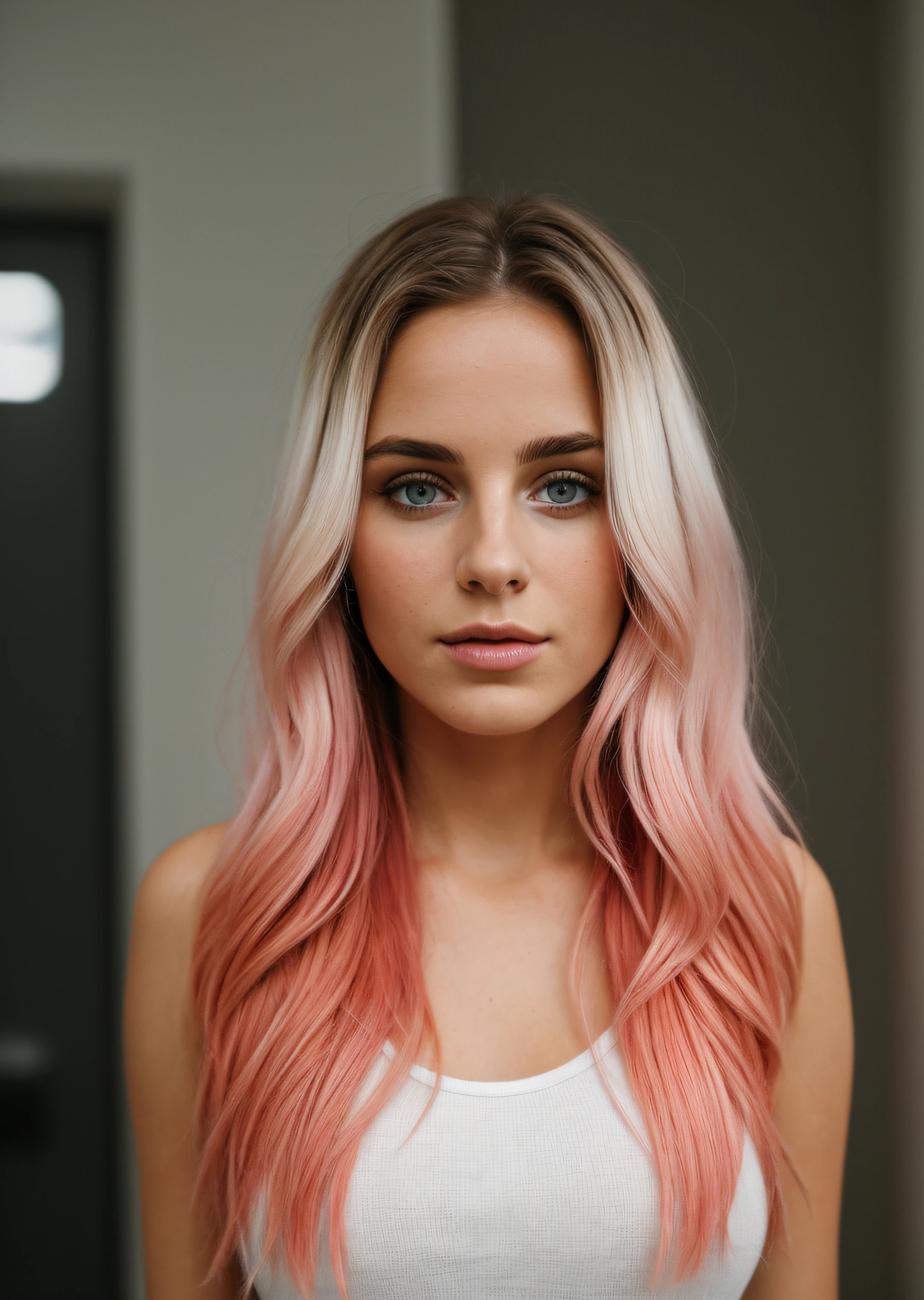 taken with iphone camera BREAK medium shot selfie of a pretty young woman BREAK (ombre:1.3) blonde pink BREAK film grain, medium quality