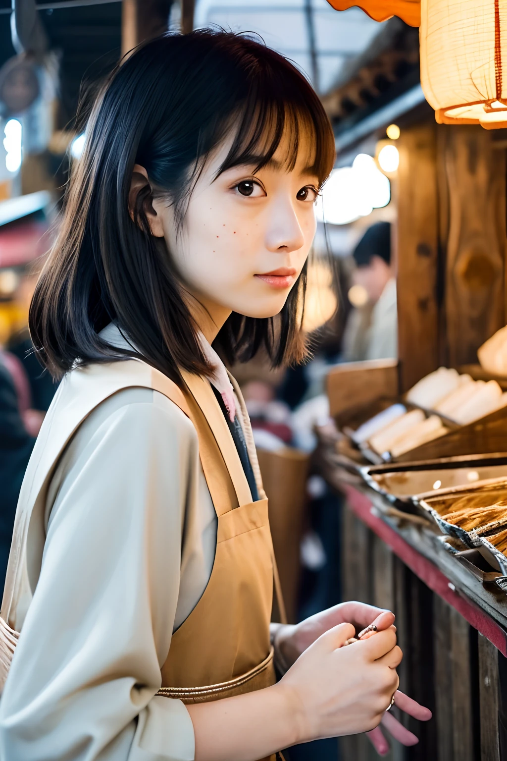 1girl,fullbody photo,japanese,25old year, black medium hair,a little freckles,working at Traditional stall in japan,Traditional clothes,Proper body proportion,Super high-quality output images,hight resolution,Intricate details,Hair fluttering in a very delicate and beautiful wind,photos realistic,Dreamy,Professional Lighting,realistic shadow,Solo Focus,Beautiful hands,Beautiful fingers,Detailed finger features,detailed clothes features,Detailed hair features,detailed facial features,