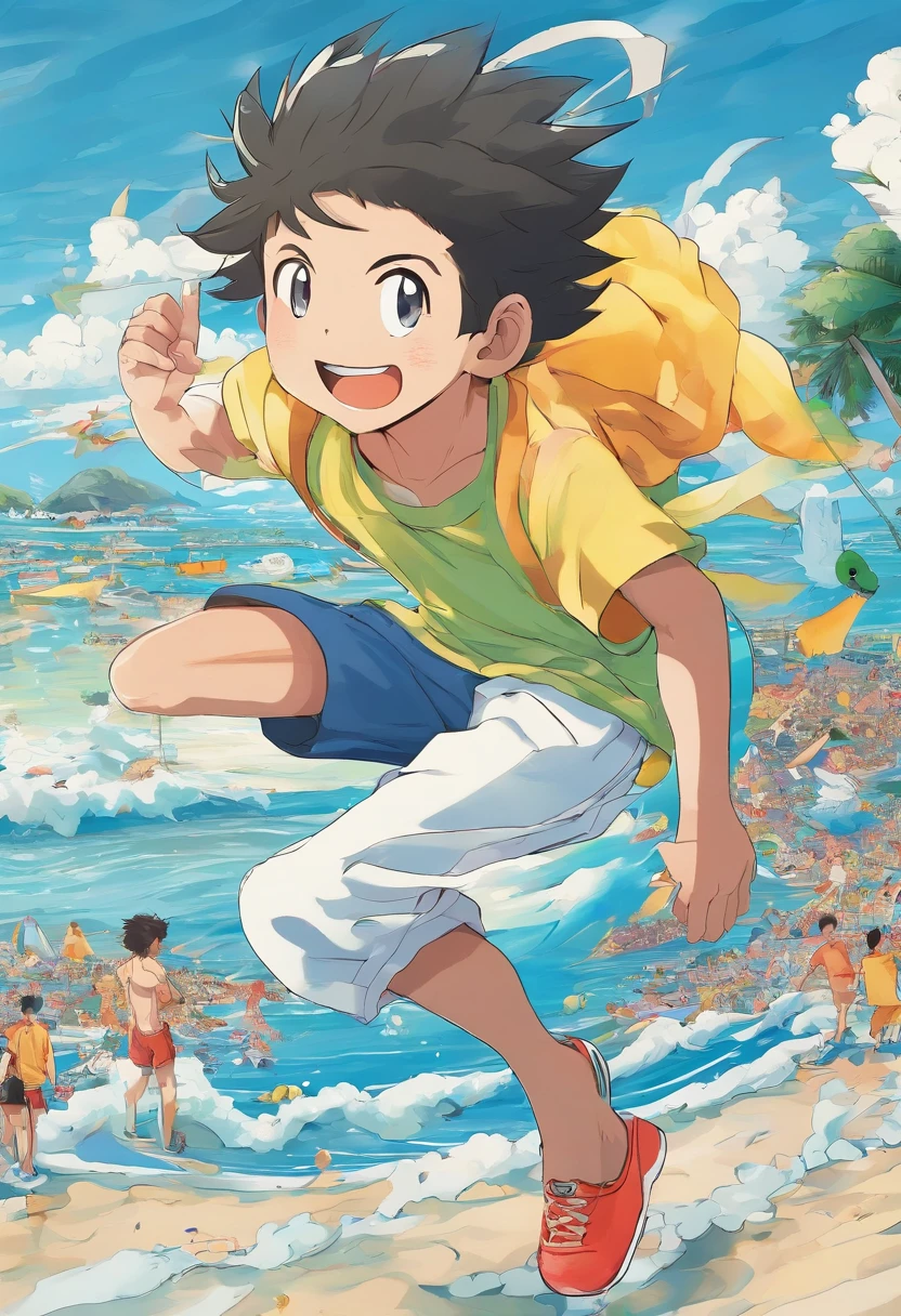 Desenhe um jovem negro corredor competindo em uma praia . He's running around in a pair of light blue sneakers, short preto e camisa branca, Surrounded by several admirers. The illumination of the sunny day reflecting on the sea, casting deep shadows on the costume. O jovem parece confiante e determinado, Looking forward with admiration and respect, sem barba e careca