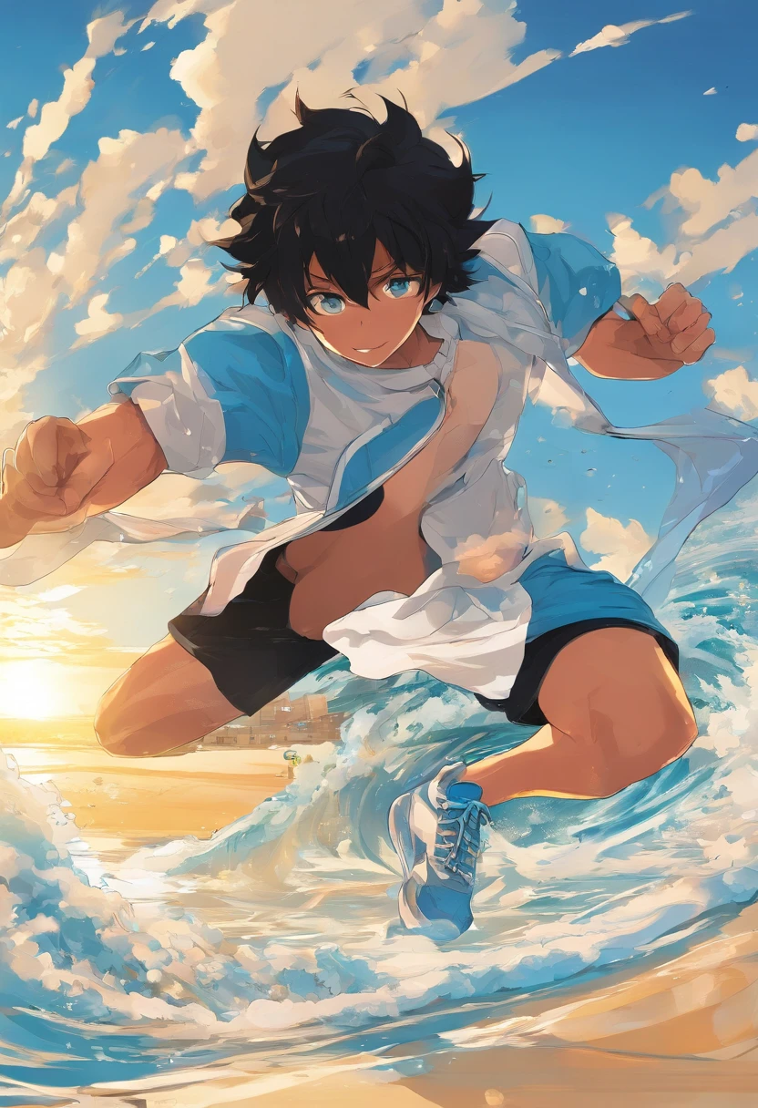 Desenhe um jovem negro corredor competindo em uma praia . He's running around in a pair of light blue sneakers, short preto e camisa branca, Surrounded by several admirers. The illumination of the sunny day reflecting on the sea, casting deep shadows on the costume. O jovem parece confiante e determinado, Looking forward with admiration and respect, sem barba e careca
