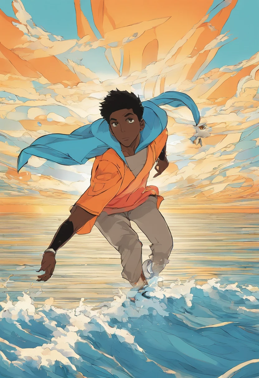 Desenhe um jovem negro corredor competindo em uma praia . He's running around in a pair of light blue sneakers, short preto e camisa branca, Surrounded by several admirers. The illumination of the sunny day reflecting on the sea, casting deep shadows on the costume. O jovem parece confiante e determinado, Looking forward with admiration and respect, sem barba e careca