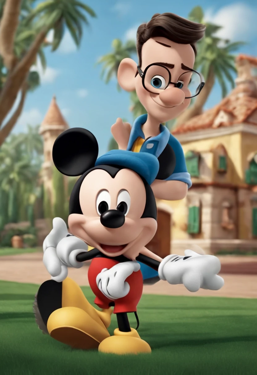 1personagem masculino da disney, pixar, com terno cinza e camisa branca, com gravata azul, com bolinhas brancas, com placa com nome Isac Lima, cabelo castanho escuro,olhos castanhos, Rectangular Square Glasses, ,sorrir,desenho animado estilo disney, With planes in the background...