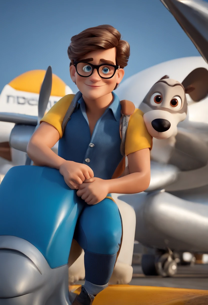 1personagem masculino da disney, pixar, com terno cinza e camisa branca, com gravata azul, com bolinhas brancas, com placa com nome Isac Lima, cabelo castanho escuro,olhos castanhos, Rectangular Square Glasses, ,sorrir,desenho animado estilo disney, With planes in the background...