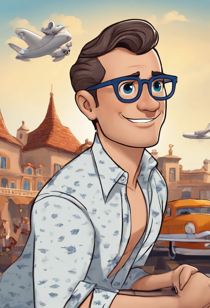 1personagem masculino da disney, pixar, com terno cinza e camisa branca, com gravata azul, com bolinhas brancas, com placa com nome Isac Lima, cabelo castanho escuro,olhos castanhos, Rectangular Square Glasses, ,sorrir,desenho animado estilo disney, With planes in the background...
