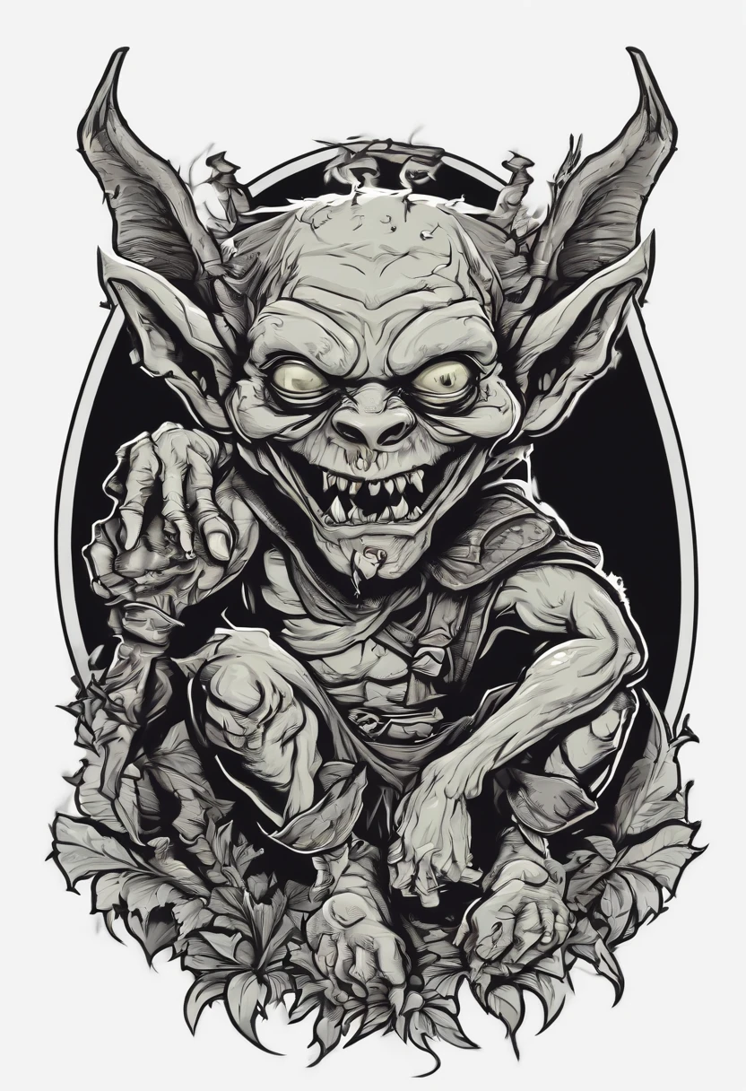 /imagine prompt: evil zombie goblin illustration for a sticker with a black background, in bold outline style, jagged edges, trashcore, light shading --v 5.2