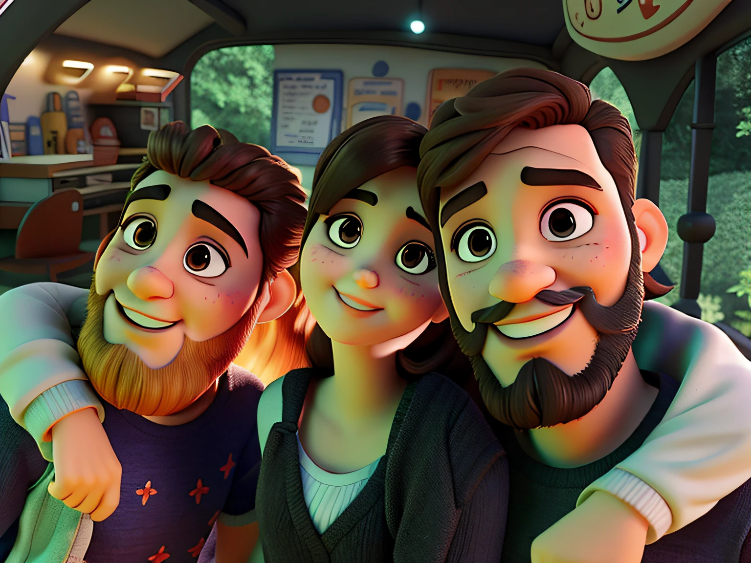 Three people,dois homens nas laterais e uma mulher o meio ela morena clara,ele um pouco galego claro com barba escura estilo disney pixar, ele moreno claro com barba escura estilo disney pixar, alta qualidade, melhor qualidade