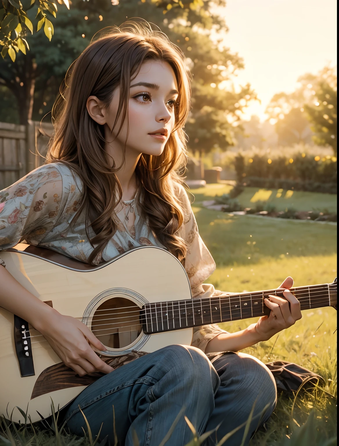 close-up image of a woman's upper body. Beautiful woman sitting on the lawn and playing the guitar. Light brown hair. Looks a little lonely. The time is dusk. The excitement of 8K.