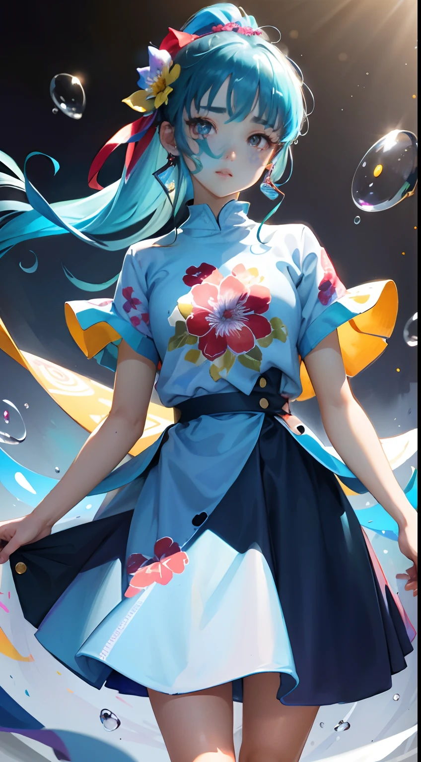 (masterpiece), (best quality), (ultra detailed),(disheveled hair),(illustration), (1girl), (Fashionable clothing), standing, Fashion model, looking at viewer, (interview), (simple background),beautiful detailed eyes, delicate beautiful face, Floating,(high saturation),(colorful splashes),colorful bubble,(shining), focus on face, ponytail, kamisato ayaka, light blue hair, bangs, hair ring, floating flowers, floating hairs, (shining), best lighting, best shadow,