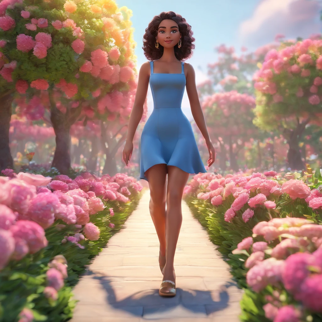 mulher negra, cabelos longos e crespos, bochechas rosadas, sorriso bonito, olhos preto vibrantes, blusa rosa pink, barriga magra, corpo inteiro, Detalhes ricos, diferente, a mulher tem 30 anos, , Girl is walking through the flower garden. Disney Pixar 3D Cartoon She Looks Stunning