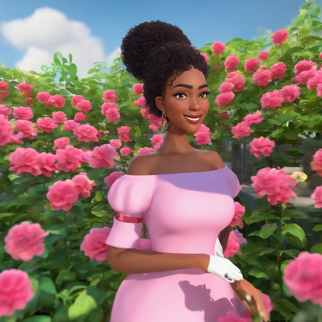 mulher negra, cabelos longos e crespos, bochechas rosadas, sorriso bonito, olhos preto vibrantes, blusa rosa pink, barriga magra, corpo inteiro, Detalhes ricos, diferente, a mulher tem 30 anos, , Girl is walking through the flower garden. Disney Pixar 3D Cartoon She Looks Stunning