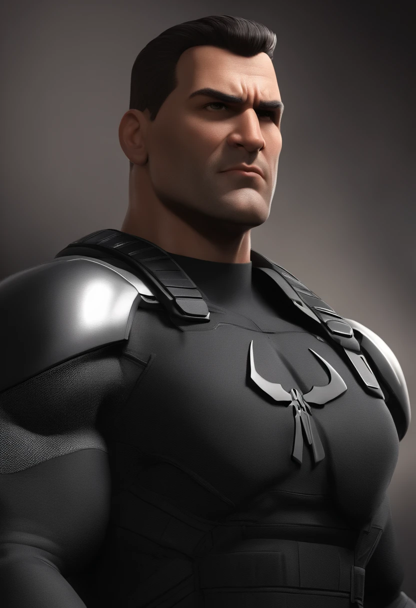 Personagem de desenho animado de um homem usando uma camisa preta com desenho do punisher , um personagem policial  animado, Caractere estilizado, animation style rendering, 3D estilizado, Arnold Maya render, 3 d render stylized, toon render keyshot, Personagem 3D, Personagem 3D, 3d rendering stylized, 3 d character render, personagem de desenho animado, Personagem de close up, Pose de personagem, (Estilo Pixar) (master part:1.2) (Bokeh) (best quality) (pele detalhada) (textura detalhada) (8k) (argila) (Cinematic lighting) (foco nítido，Senta e vaza a parte superior do corpo