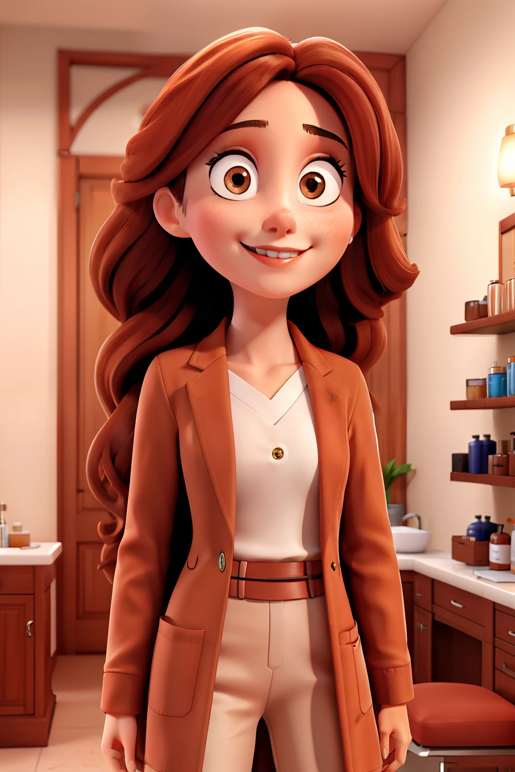 1 girl with long straight brown hair, olhos castanhos e pele clara, Wearing a marsala-colored lab coat in a beauty salon.