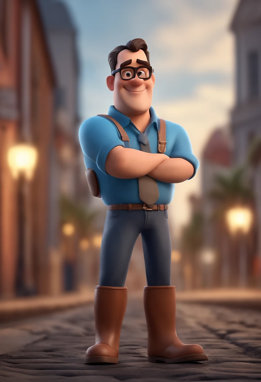 Cartoon character of a man with black glasses and a blue shirt, animation character, Caractere estilizado, animation style rendering, 3D estilizado, Arnold Maya render, 3 d render stylized, toon render keyshot, Personagem 3D, Personagem 3D, 3d rendering stylized, 3 d character render, personagem de desenho animado, Personagem de close up, Pose de personagem, (Estilo Pixar) (master part:1.2) (Bokeh) (best quality) (pele detalhada) (textura detalhada) (8k) (argila) (Cinematic lighting) (foco nítido