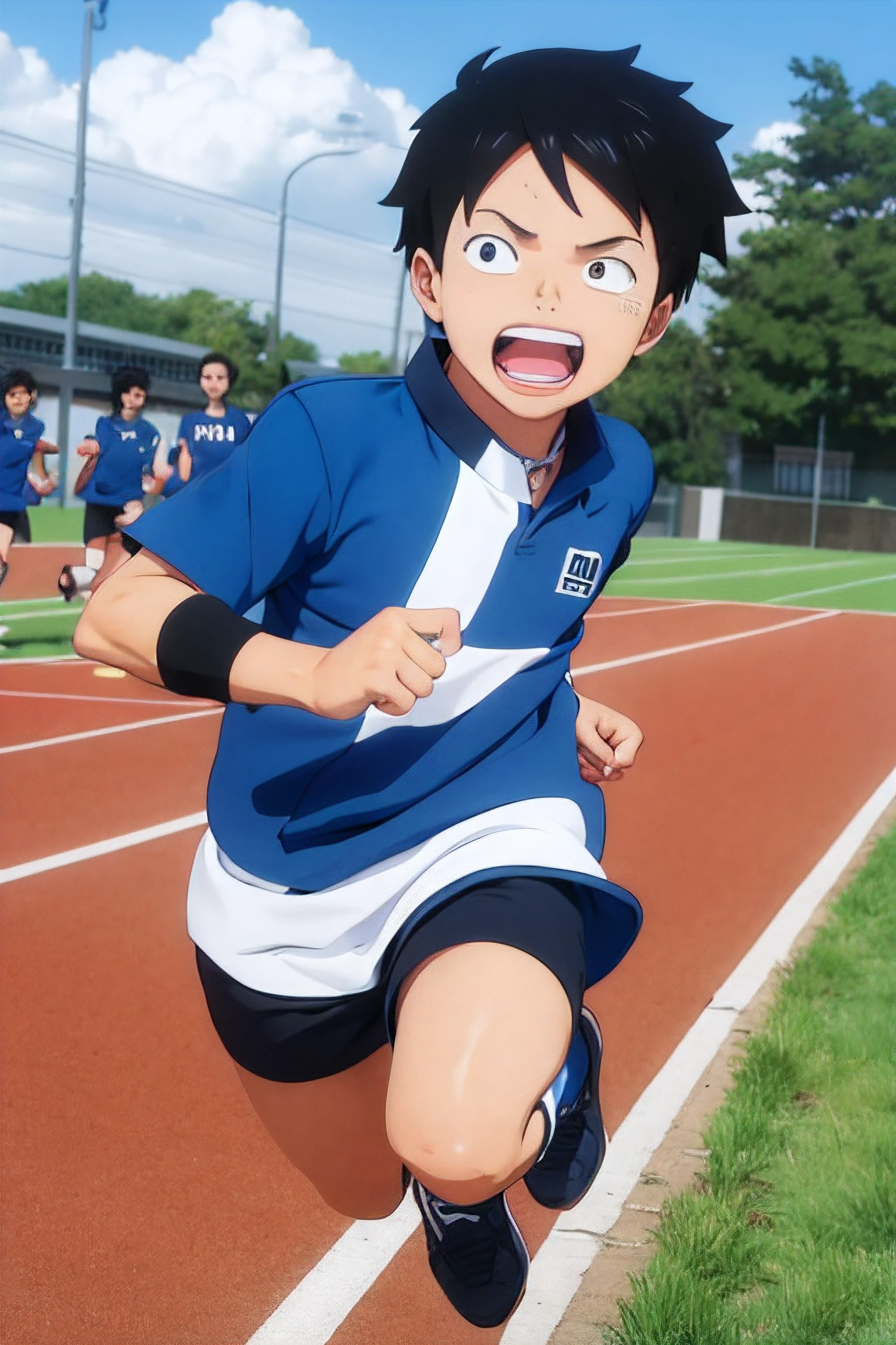 Hiro is wearing his athletic school uniform. He's running fast and with determination. Seus cabelos voam ao vento.