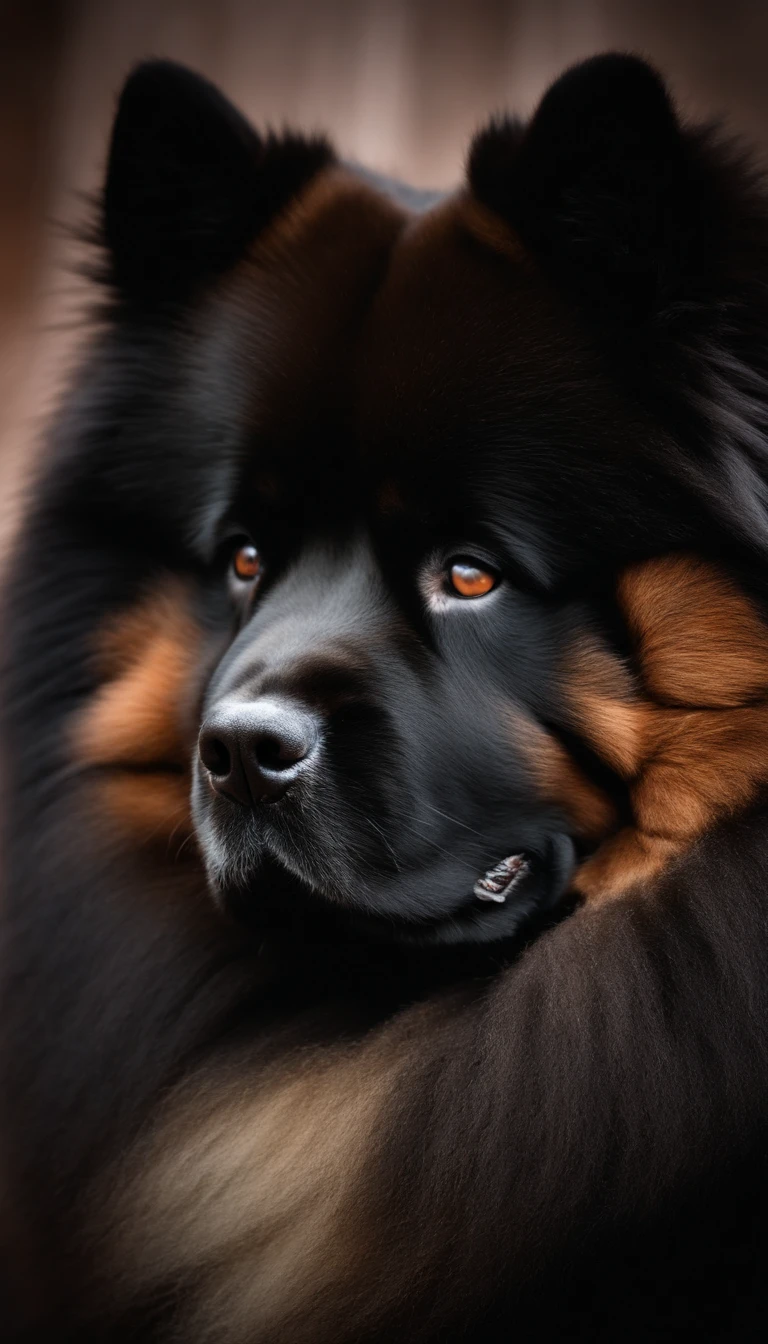 Cachorro chow chow preto, sentado com as patinhas cruzadas, Two-colored tongue with orange eyes.