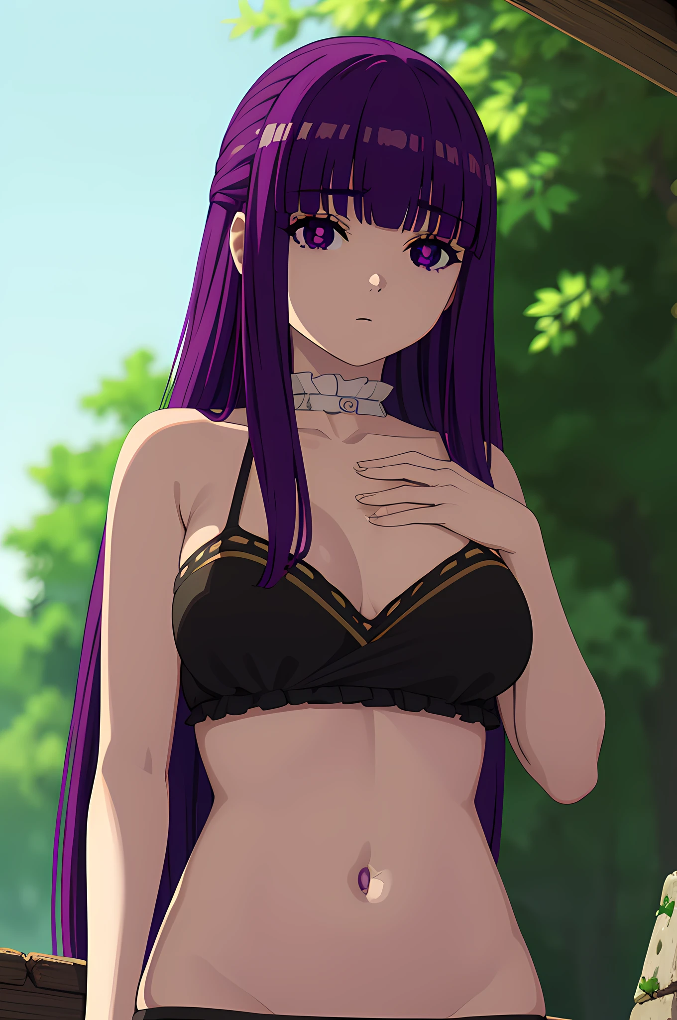 fern, fern, long hair, bangs, (purple eyes:1.1), purple hair, bikini, black bikini, outdoor, looking at viewer, upper body, (masterpiece:1.2), best quality, high resolution, unity 8k wallpaper, (illustration:0.8), (beautiful detailed eyes:1.6), extremely detailed face, perfect lighting, extremely detailed CG, (perfect anatomy)