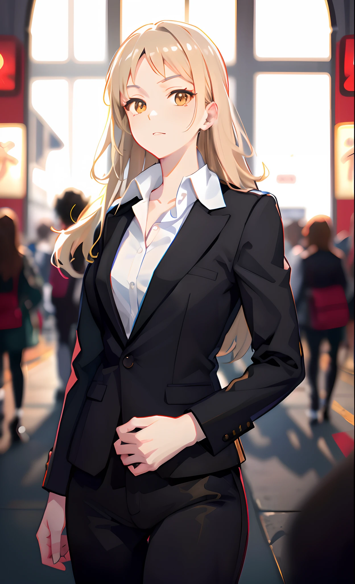 anime - style image of a woman in a business suit standing in a crowded area, girl in a suit, girl in suit, from girls frontline, fine details. girls frontline, blonde anime girl with long hair, well - dressed, in a strict suit, girls frontline style, painted in anime painter studio, smooth anime cg art, marin kitagawa fanart