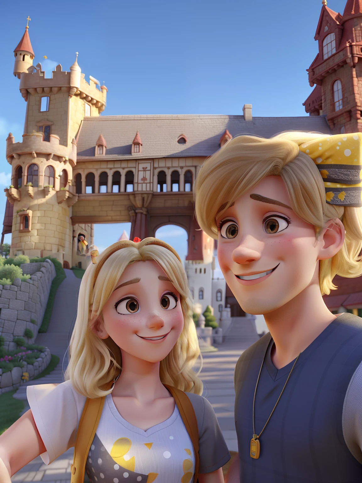 a couple in front of a yellow and red castle, the beautiful blonde woman smiling, in a brown dress with white polka dots, handsome man in a gray t-shirt
