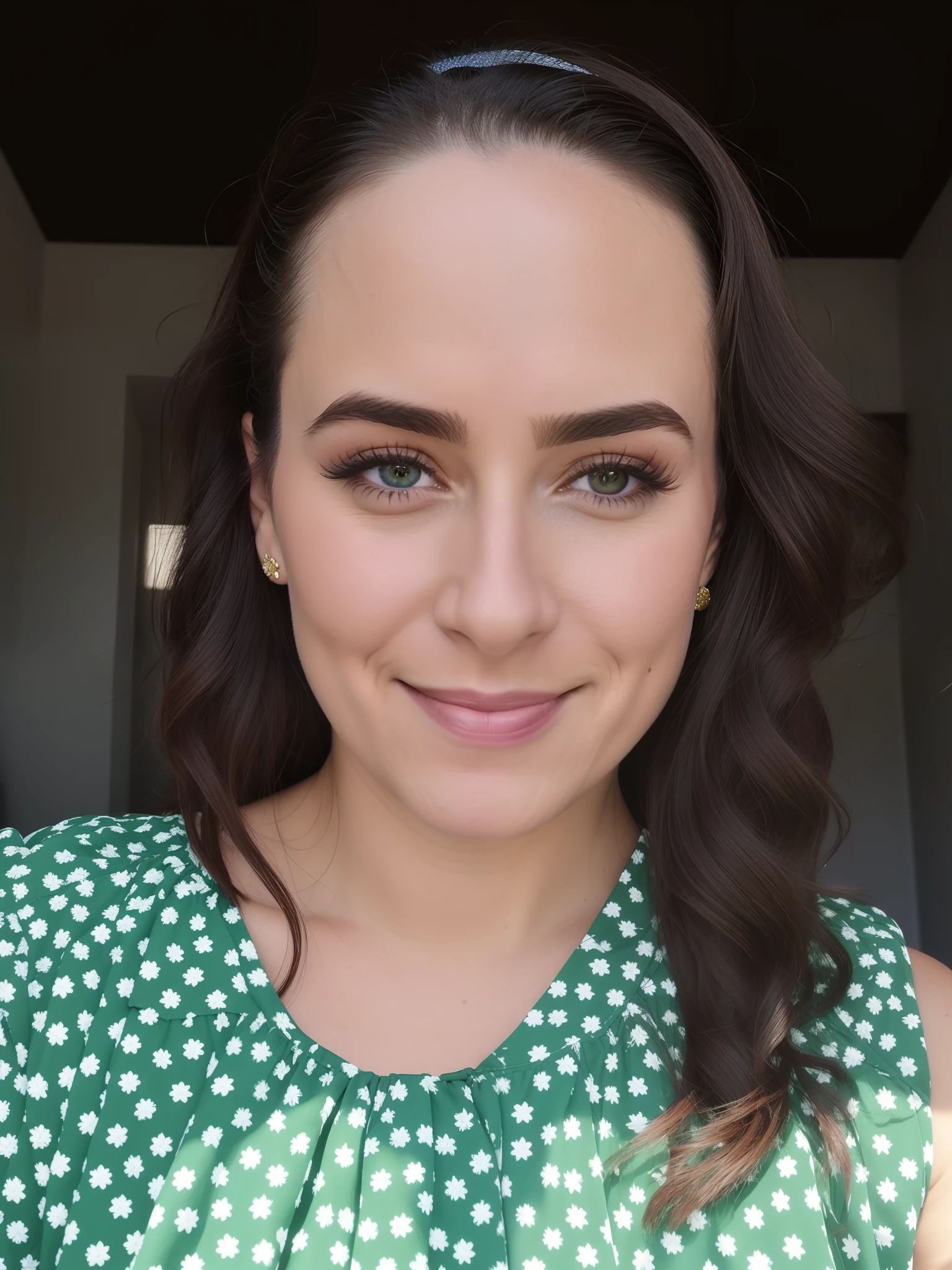 There's a woman who's smiling and wearing a green dress, Mulher de 30 anos, 3 0 anos de idade mulher, 3 2 anos, 38 anos, Retrato de Ana de la Reguera, 2 9 anos, 3 6 anos, 2 8 anos, retrato frontal, selfie de uma jovem mulher, Directed by: Nandor Soldier