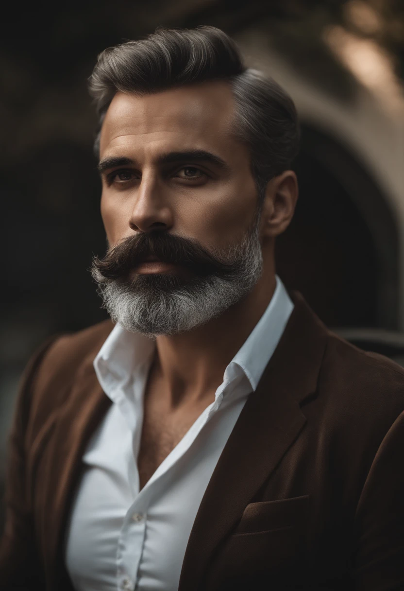 Hombre con barba y bigote en camisa negra, La mejor calidad,4k,8k,Hombre muy atractivo con barba, Vello facial bien cuidado, Lindo, impresionante, Realstic, Imagen ultrarrealista, Bigote natural, Hombre viejo,Retrato suave disparado 8K, Retrato muy detallado, Bigote grueso, Estilo hiperrealista, Barba fina, vello facial corto, Bartstoppeln, Lindo, Cara detallada, Retrato ultra realista, cana,Traje elegante, boca abierta,