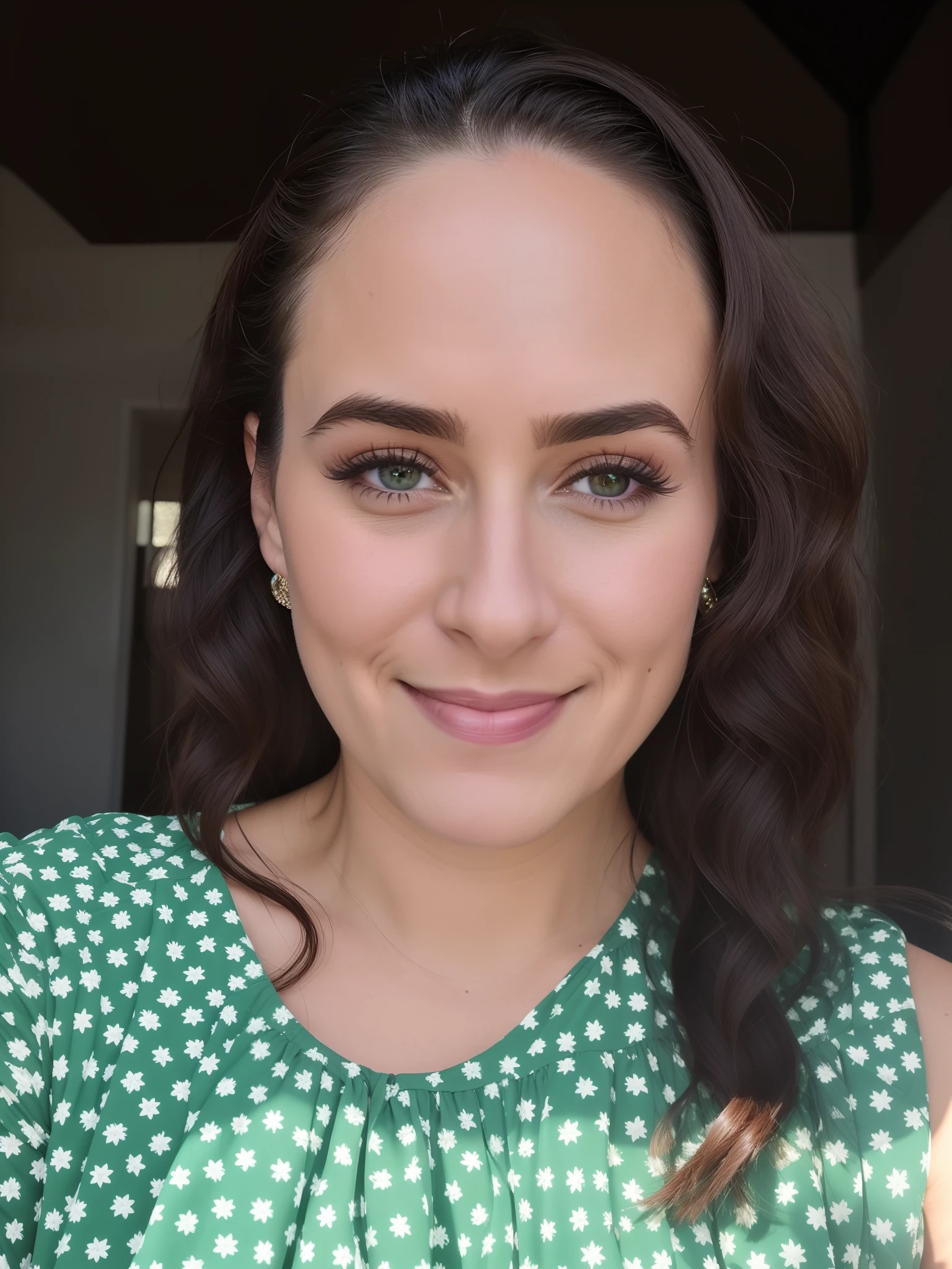 There's a woman who's smiling and wearing a green dress, Mulher de 30 anos, 3 0 anos de idade mulher, 3 2 anos, 38 anos, Retrato de Ana de la Reguera, 2 9 anos, 3 6 anos, 2 8 anos, retrato frontal, selfie de uma jovem mulher, Directed by: Nandor Soldier