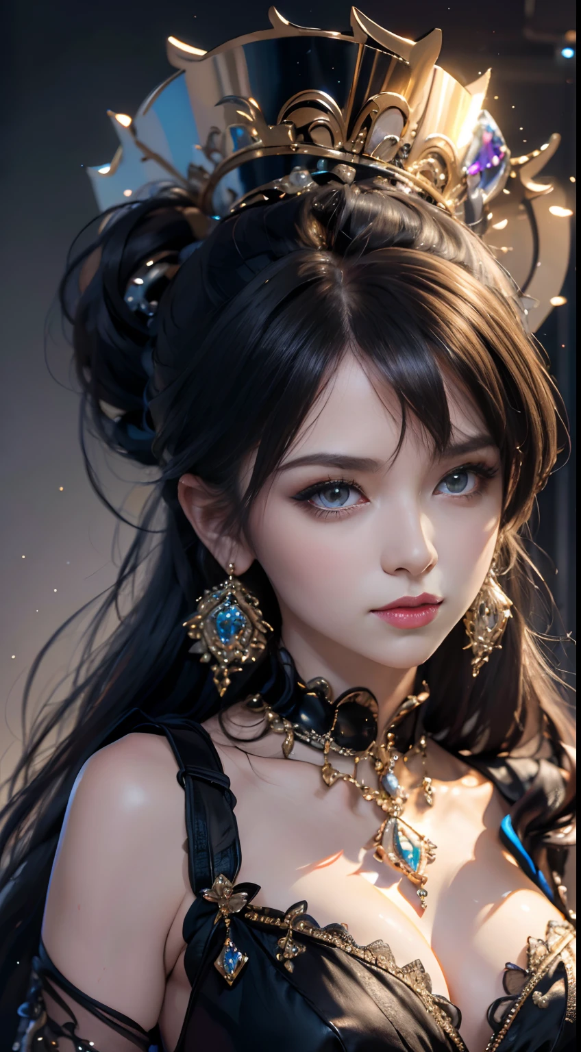 tmasterpiece,Highest image quality,Beautiful bust of a royal lady,Delicate black hairstyle,Amber eyes are clear,Embellished with a dazzling array of intricate jewelry,super detailing,upscaled。