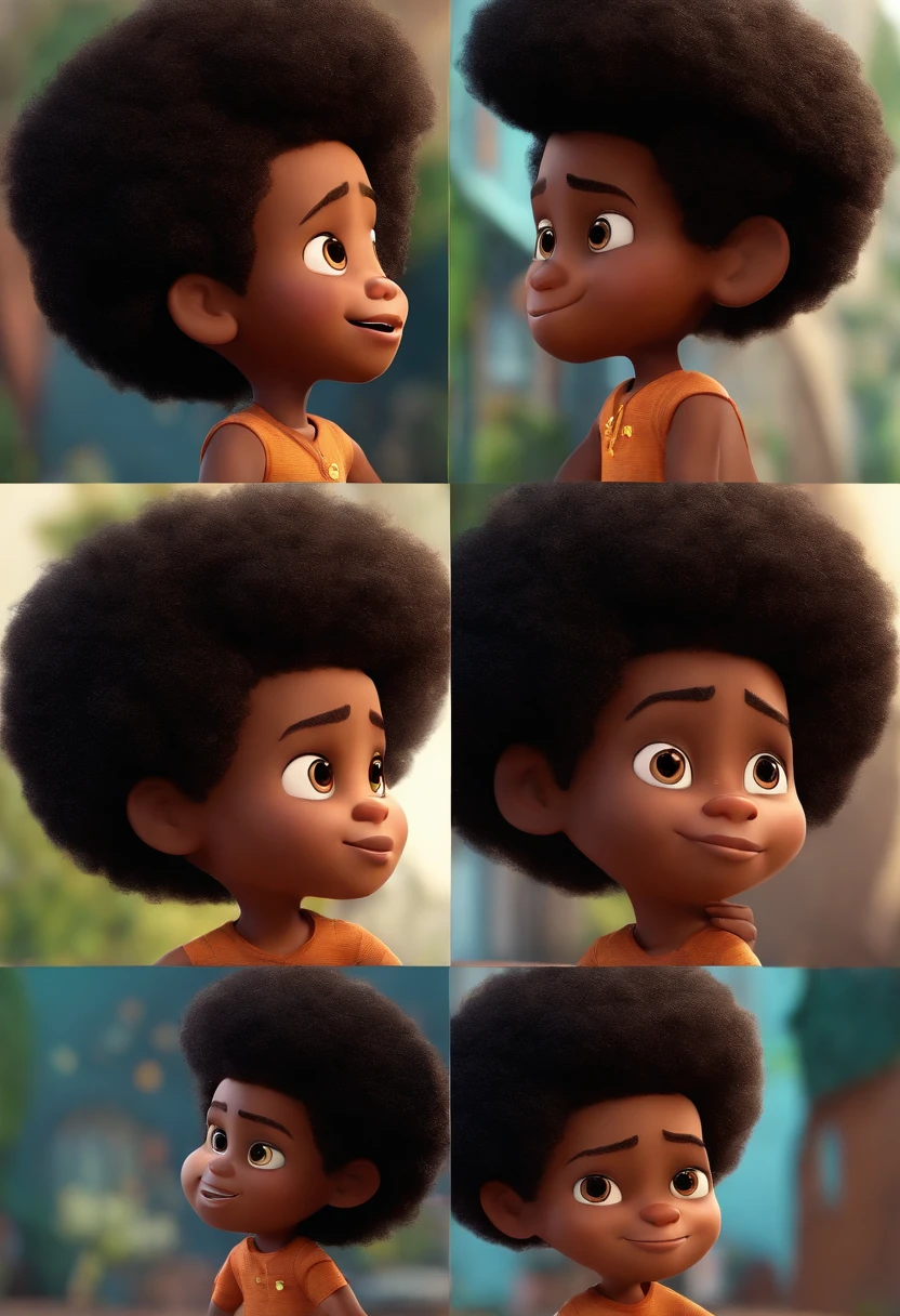 Create four images of a young black boy, with brown skin, short curly hair, eyes browns, and an expression of curiosity. He is wearing a light blue shirt and jeans.. In each image, he is in a different scenario, but all your physical and facial features must remain exactly the same."