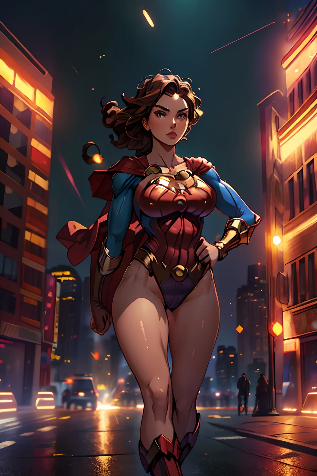 Superhero girl, 22 years-old, large full breasts, Full-body shot, dressed up (One-piece Supergirl Suit), ((spandex suit, bodysuit)), heroic appearance, detailed collarbones and chest, smooth skin, pupils sparkling, feminine allure, strapless bodysuit, brown hair, green eyes, leotard, standing, hands on hip, boots, solo, single, new york city street, backdrop, cape
