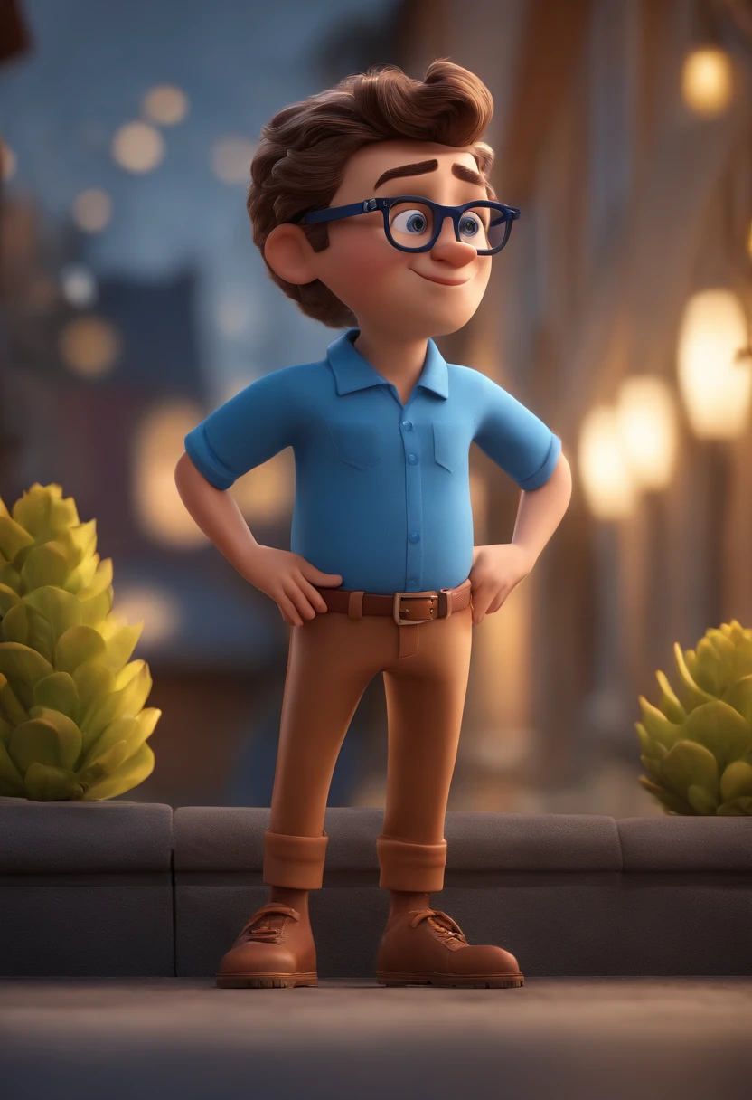 Cartoon character of a man with black glasses and a blue shirt, animation character, Caractere estilizado, animation style rendering, 3D estilizado, Arnold Maya render, 3 d render stylized, toon render keyshot, Personagem 3D, Personagem 3D, 3d rendering stylized, 3 d character render, personagem de desenho animado, Personagem de close up, Pose de personagem,  (Estilo Pixar) (master part:1.2) (Bokeh) (best quality) (pele detalhada) (textura detalhada) (8k) (argila) (Cinematic lighting) (foco nítido
