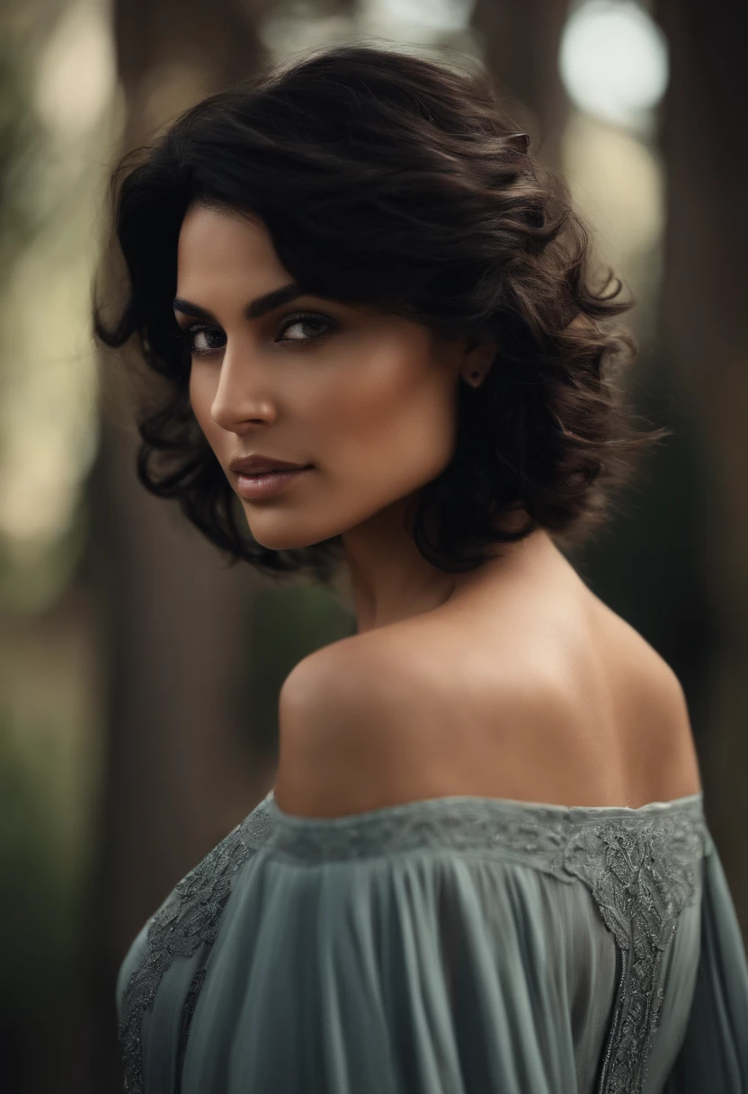 short girl with long, disheveled shoulder-length black hair, a Greek nose and relaxed dark brown eyes