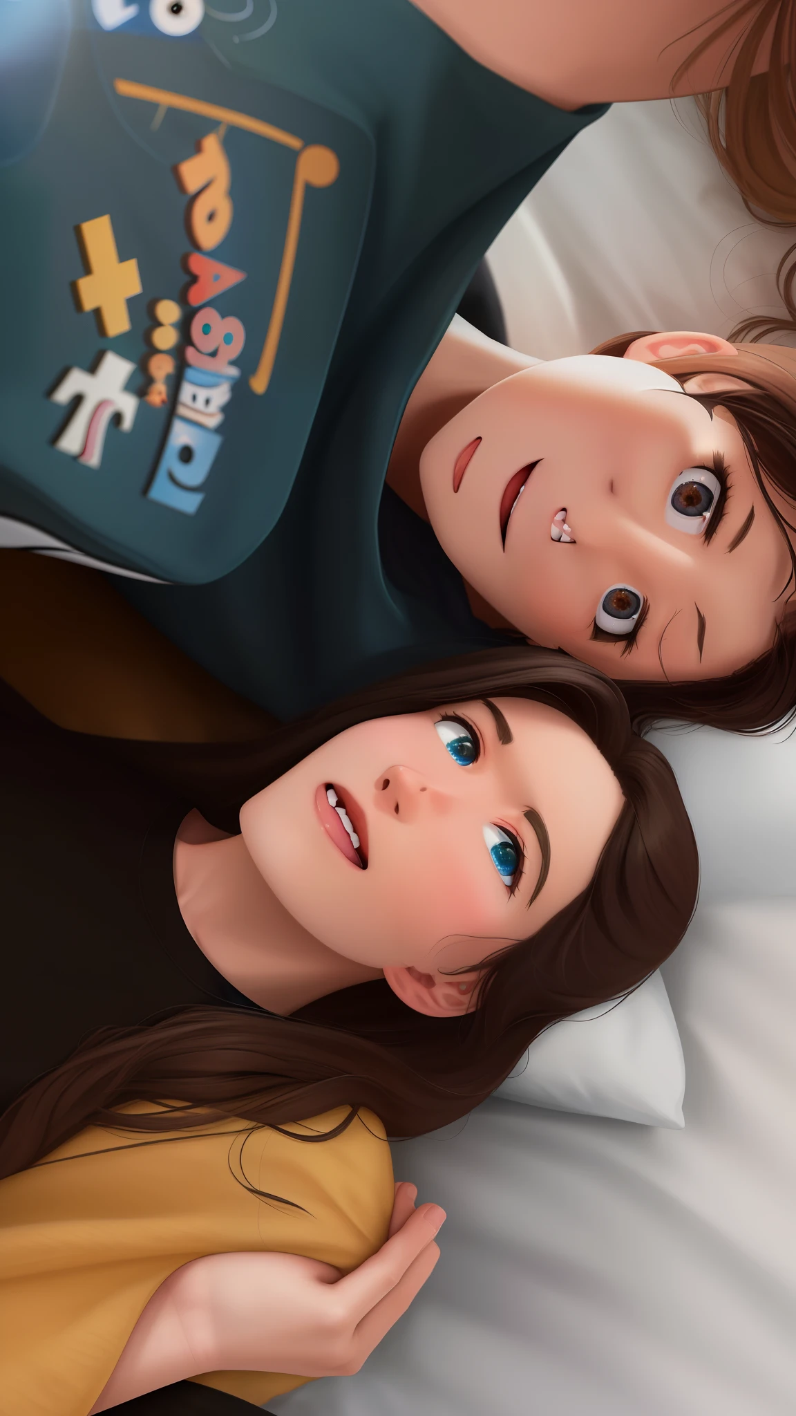 There are three people who are lying together on a bed, animation movie still, pixar retrato 8 k foto, animated film, animado ainda, retrato pixar, Disney fotorrealista, animation movie still, Vista macro brilhante da Pixar, disney render, imagem de perto, close - retrato facial de cima, animation film, quadro do filme pixar, pixar rendering, fotografia de close-up